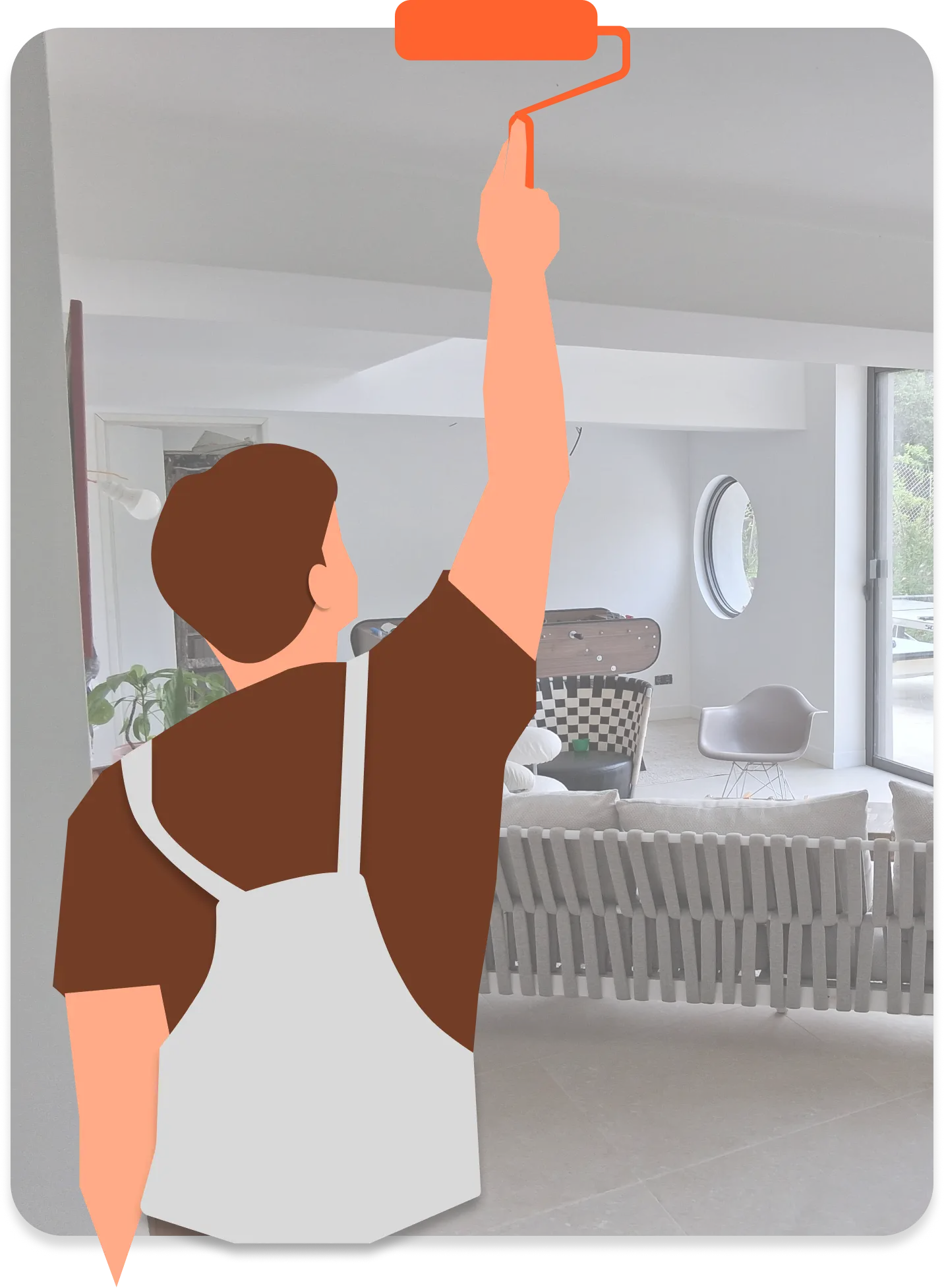 Un artisan peintre en illustration vectorielle peint par dessus la photographie d'un salon d'intérieur