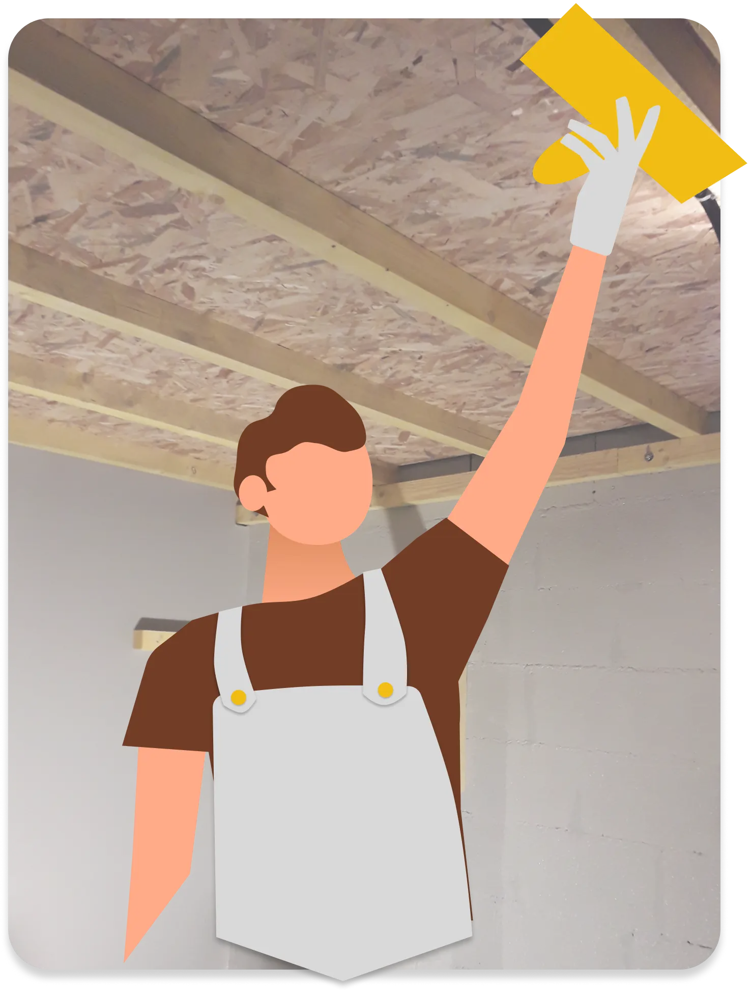 Plafond à poutres apparentes, un artisan en illustration vectorielle applique du plâtre, illustrant les travaux de plâtrerie et menuiserie